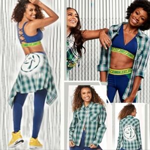 Zumba Fitness Plaid Shirt with Blue and Green